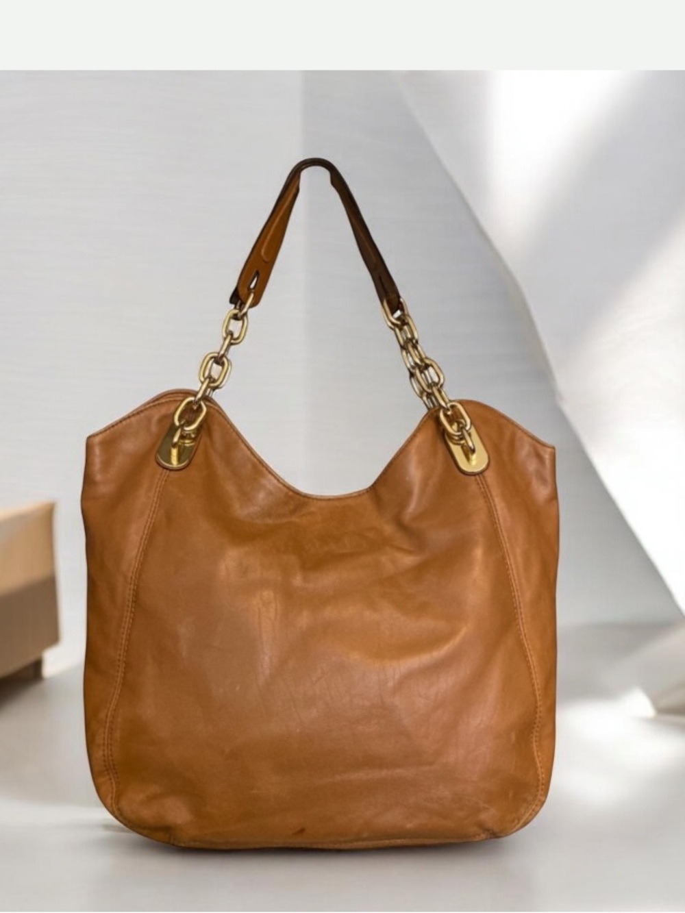 Michael Kord Leather Camel Gold  Straps  Shoulder Bag